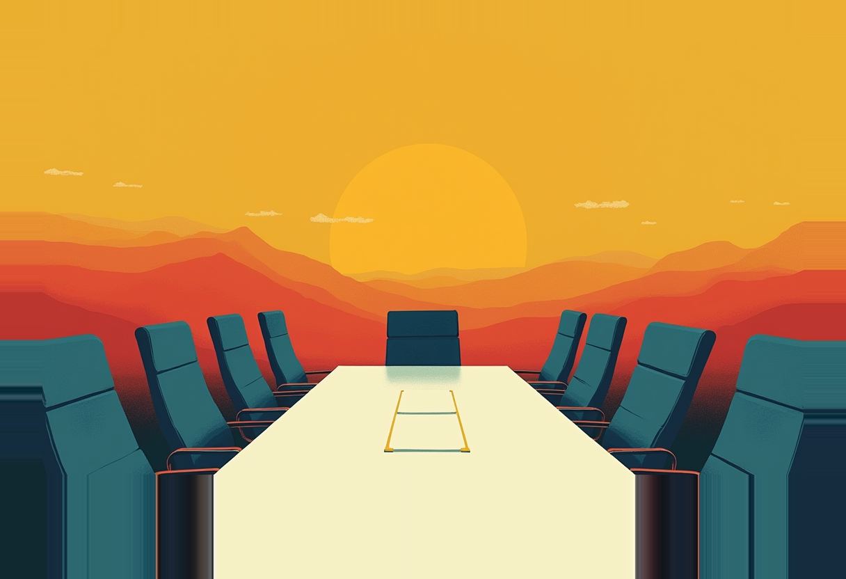 A long white conference table with empty teal chairs and a gold crack down the middle, set against an orange sunset over layered mountains.