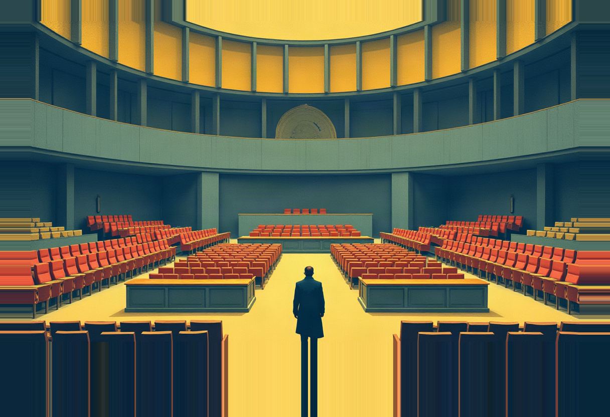 A single dark-suited figure stands alone in an empty, curved assembly hall lined with rows of red and gold empty seats, under a yellow-lit dome.