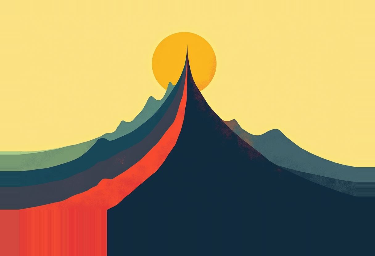 Layered green, teal, and orange mountain ridgelines rise to a dark navy peak silhouetted against an orange sun on a pale yellow sky.