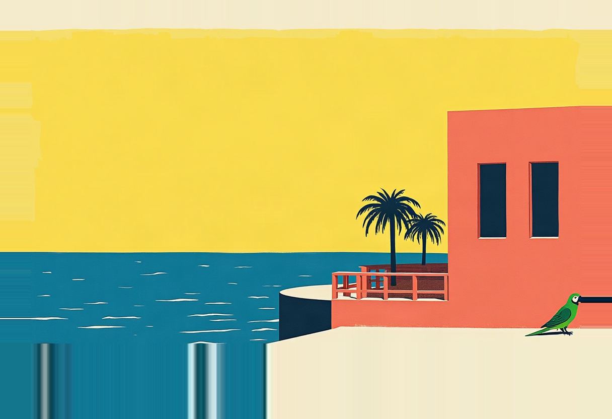 Flat illustration of a teal sea meeting a cream shoreline below a yellow sky, with a coral-pink building, two palm trees on a terrace, and a green parrot standing on the pavement.