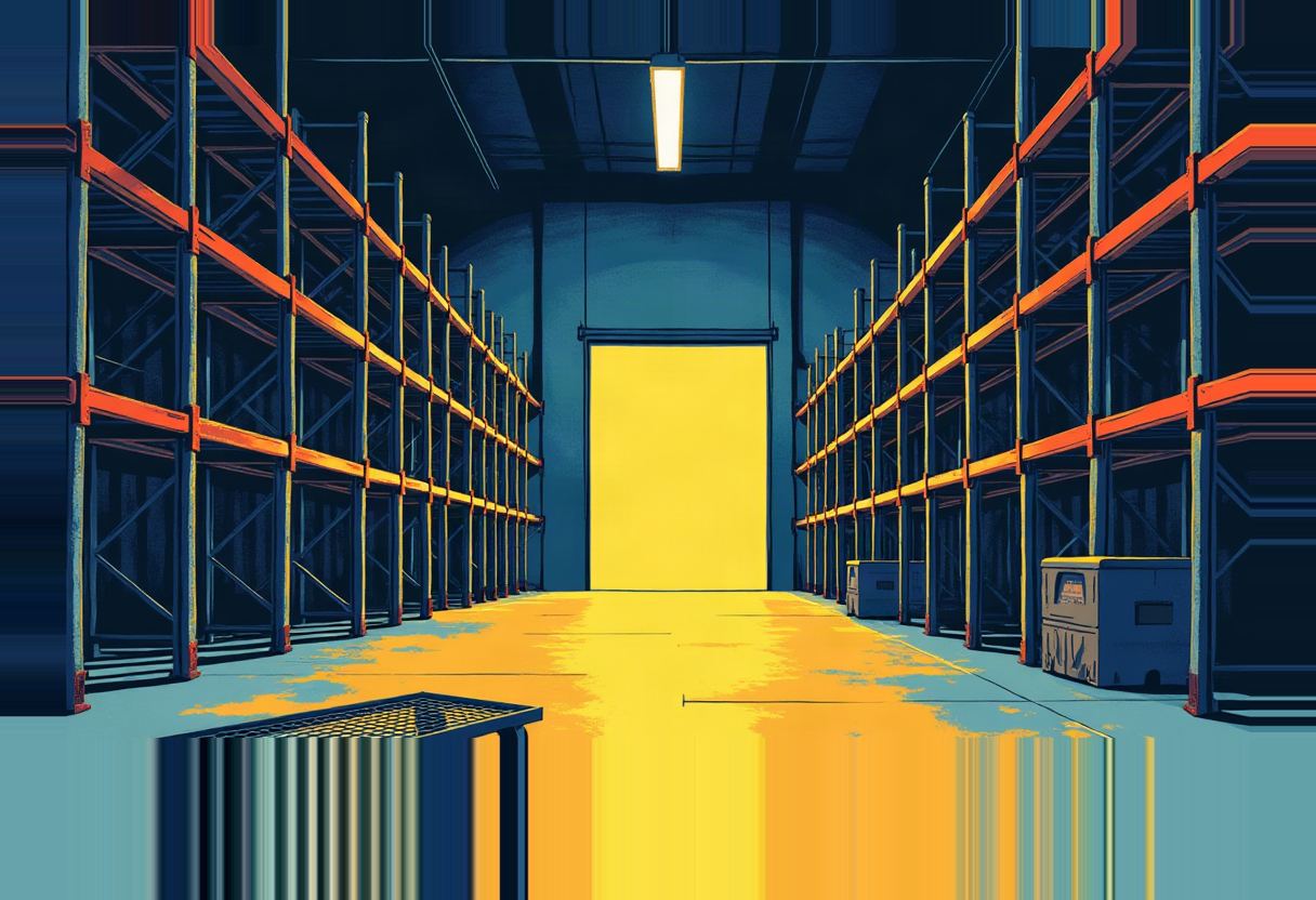 Empty warehouse aisle with tall red-and-yellow steel shelving on both sides, a glowing yellow loading-dock door at the far end, a single ceiling light, and a metal cart in the foreground.