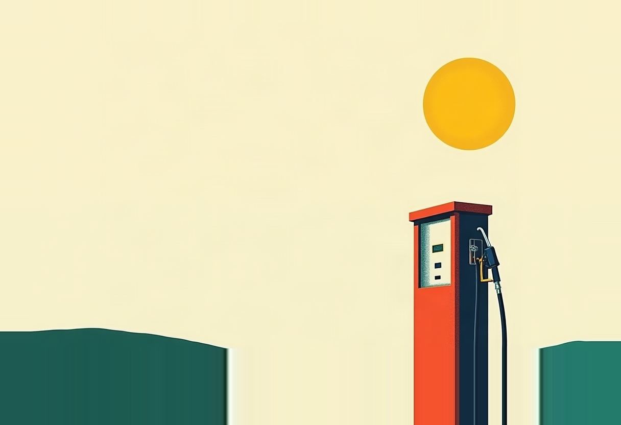 A lone orange and navy gas pump with its nozzle out stands on a teal hill under a pale yellow sky with a large yellow sun.
