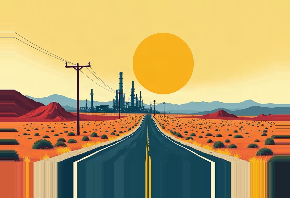 A two-lane highway with a double yellow line runs toward a refinery silhouette and a large orange sun, flanked by desert scrub, red mesas, and a power line.