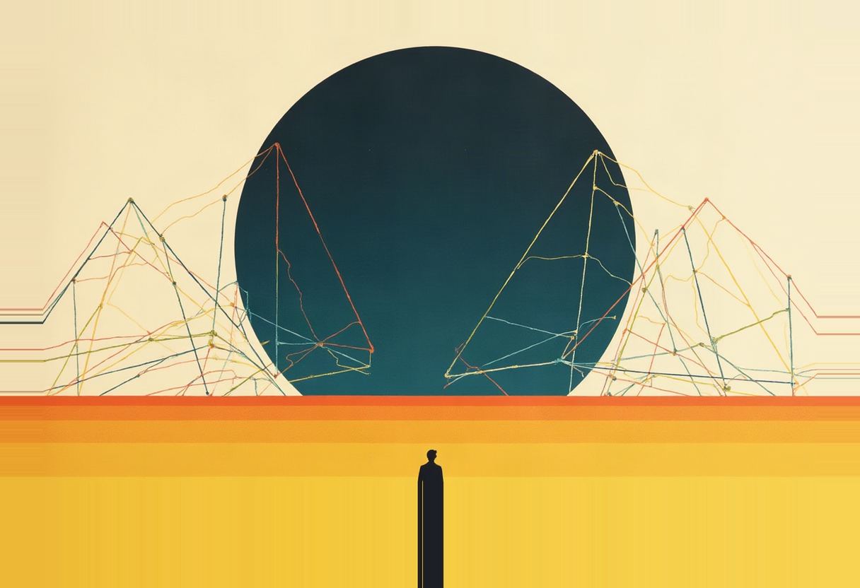 A dark silhouetted figure stands below a large dark circle behind jagged mountain-like networks of colored connected lines and dots, above horizontal orange and yellow bands.