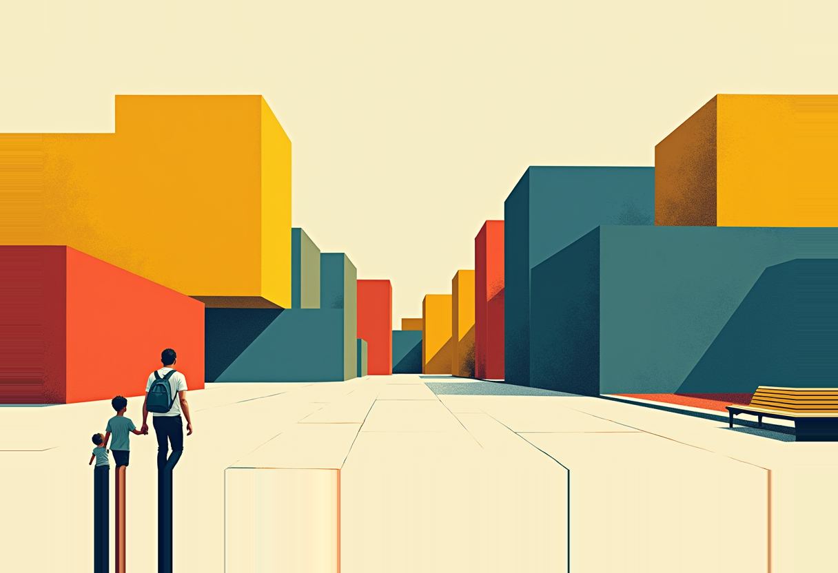 A man with a backpack walks away down a plaza holding hands with two small children, flanked by geometric yellow, orange, and teal buildings under a pale sky.