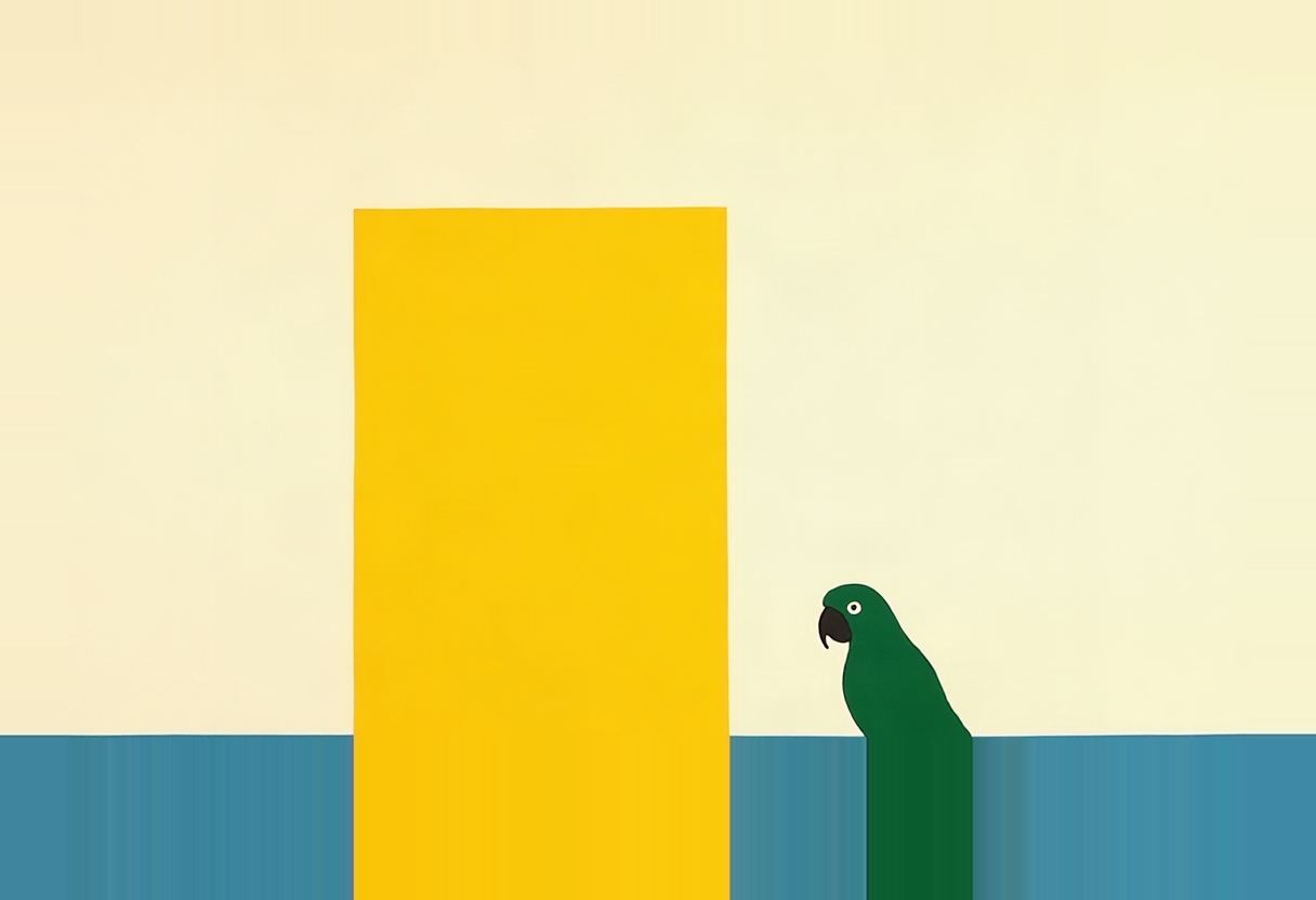 A green parrot's head and neck beside a tall yellow rectangular pillar, against a pale cream background and a blue horizontal band below.