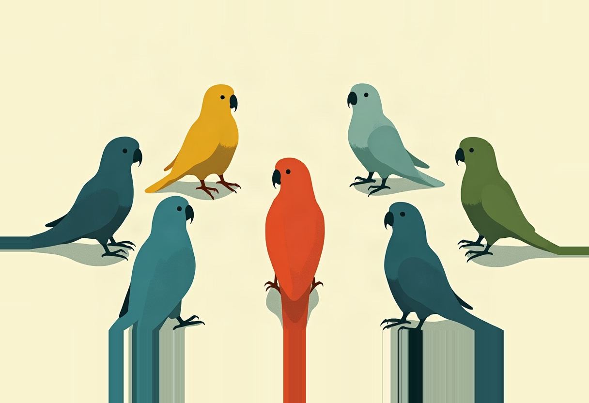 Seven flat-illustrated parrots in a loose circle on a pale yellow background, with one red parrot at center facing outward surrounded by dark teal, yellow, light blue, and green birds.