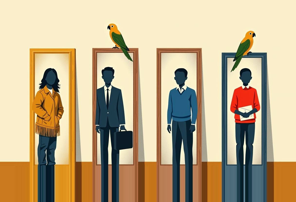 Four faceless silhouettes stand in framed doorways of different colors, with a green-and-orange parrot perched atop two of the frames.