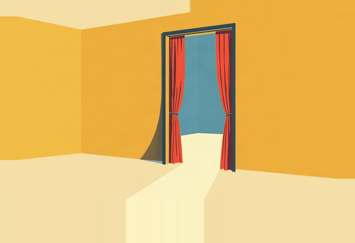 A doorway with red curtains tied back opens from a mustard-yellow room onto a plain blue space, light spilling across the cream floor.