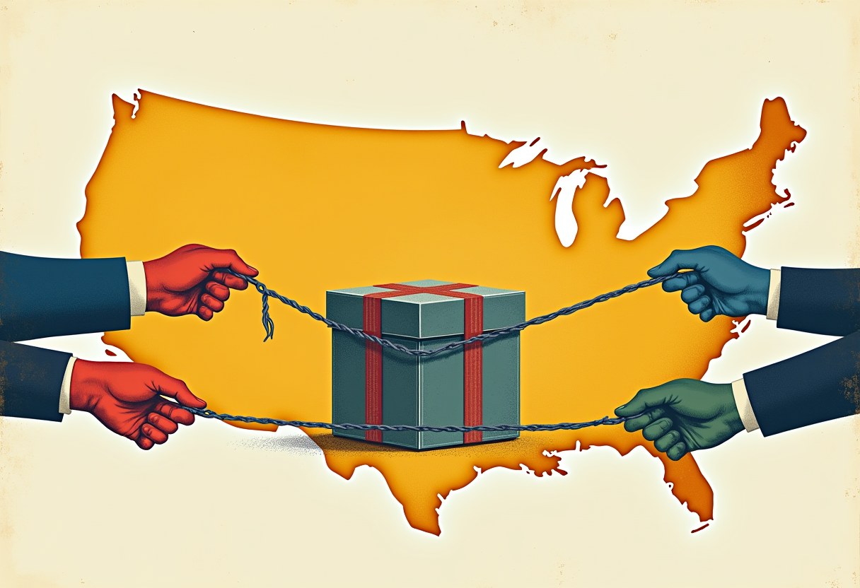 Editorial illustration of a state map pulled four ways around an unclaimed ballot box