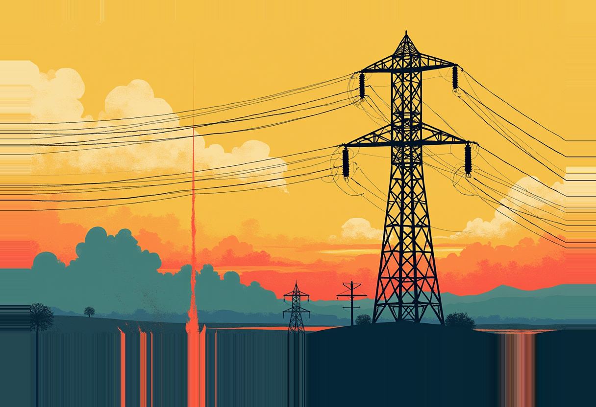 A dark silhouetted electrical transmission tower with cables against an orange-yellow gradient sky, with a thin vertical red-orange light streak and smaller towers in the distance.