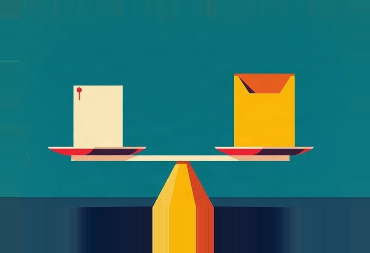 A balance scale on a teal background holds a cream card with a red pin on one plate and a yellow envelope with an orange flap on the other, balanced atop a yellow and orange pedestal.