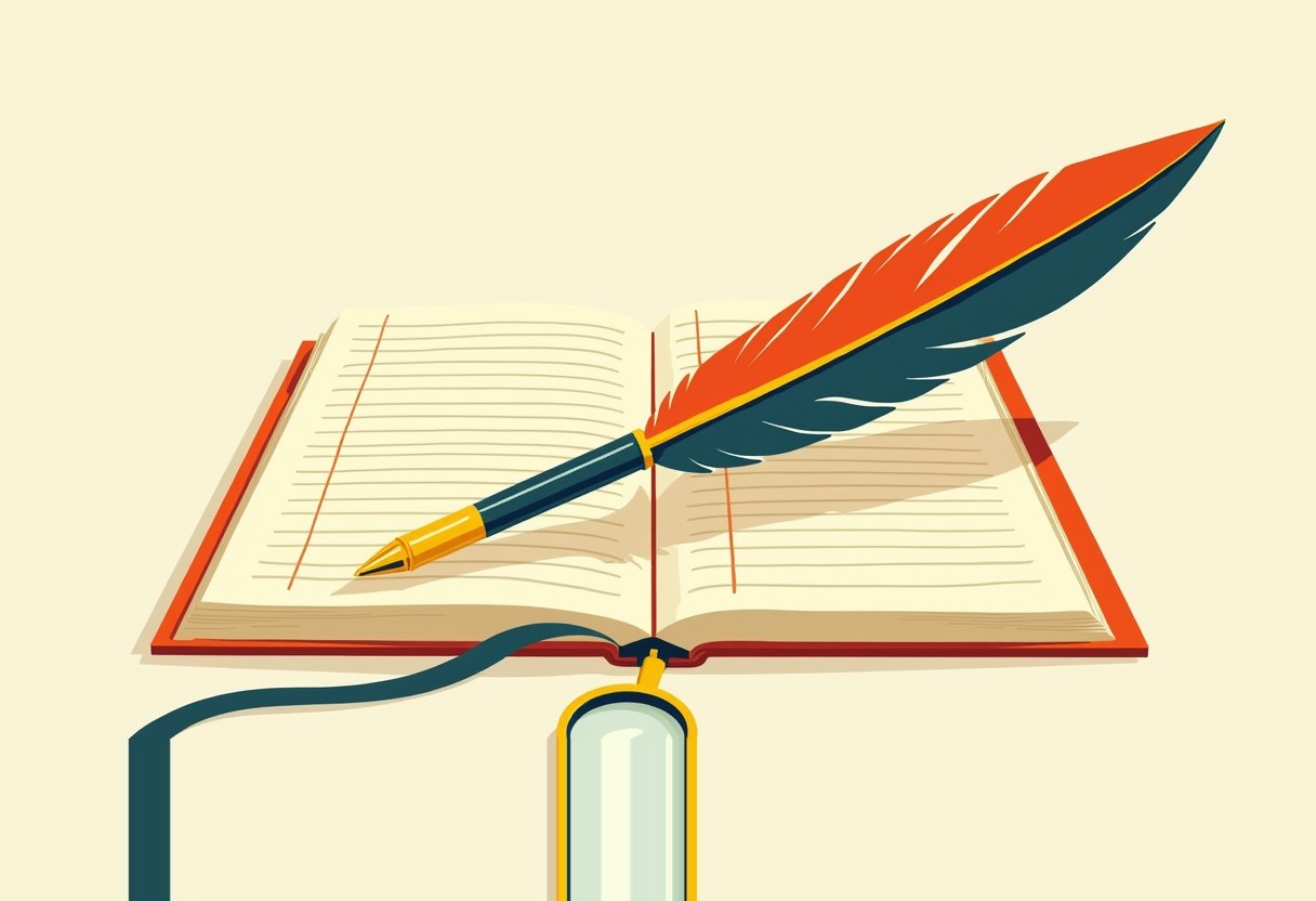 An open book with blank lined pages holds an orange and teal quill pen, its ribbon bookmark trailing down to a rolled scroll below.
