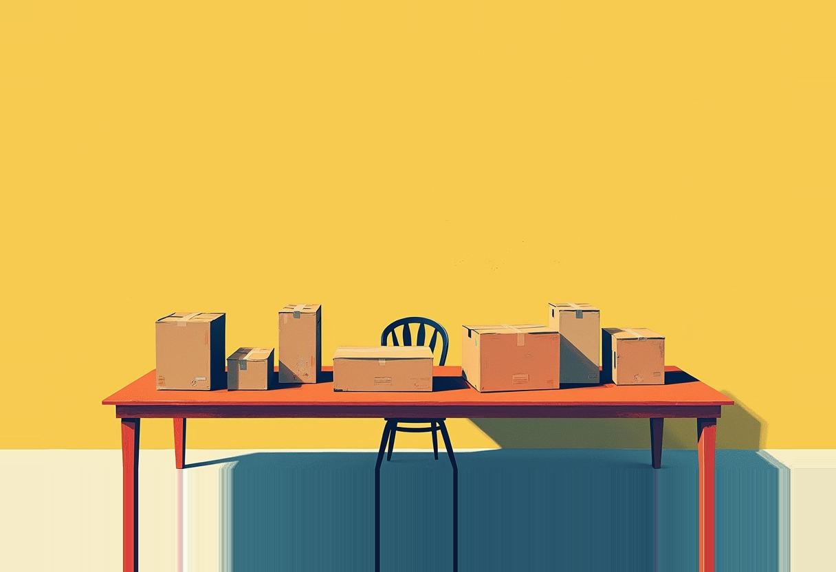 Seven taped cardboard boxes of varying sizes sit on an orange table with a dark chair tucked beneath it, against a yellow wall and blue floor.