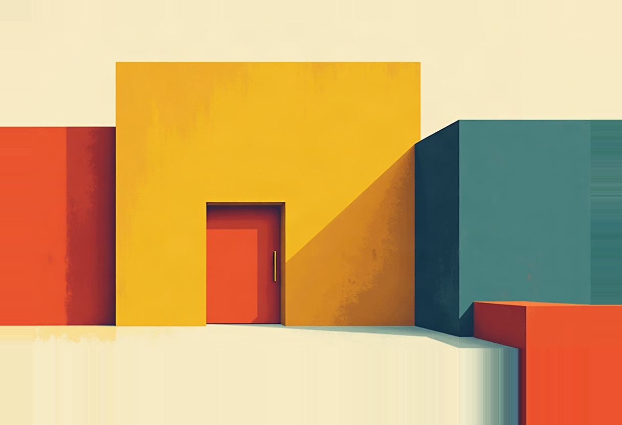 A minimalist illustration of flat geometric blocks in mustard yellow, teal, and orange, with an orange door set into the yellow wall, against a cream background.