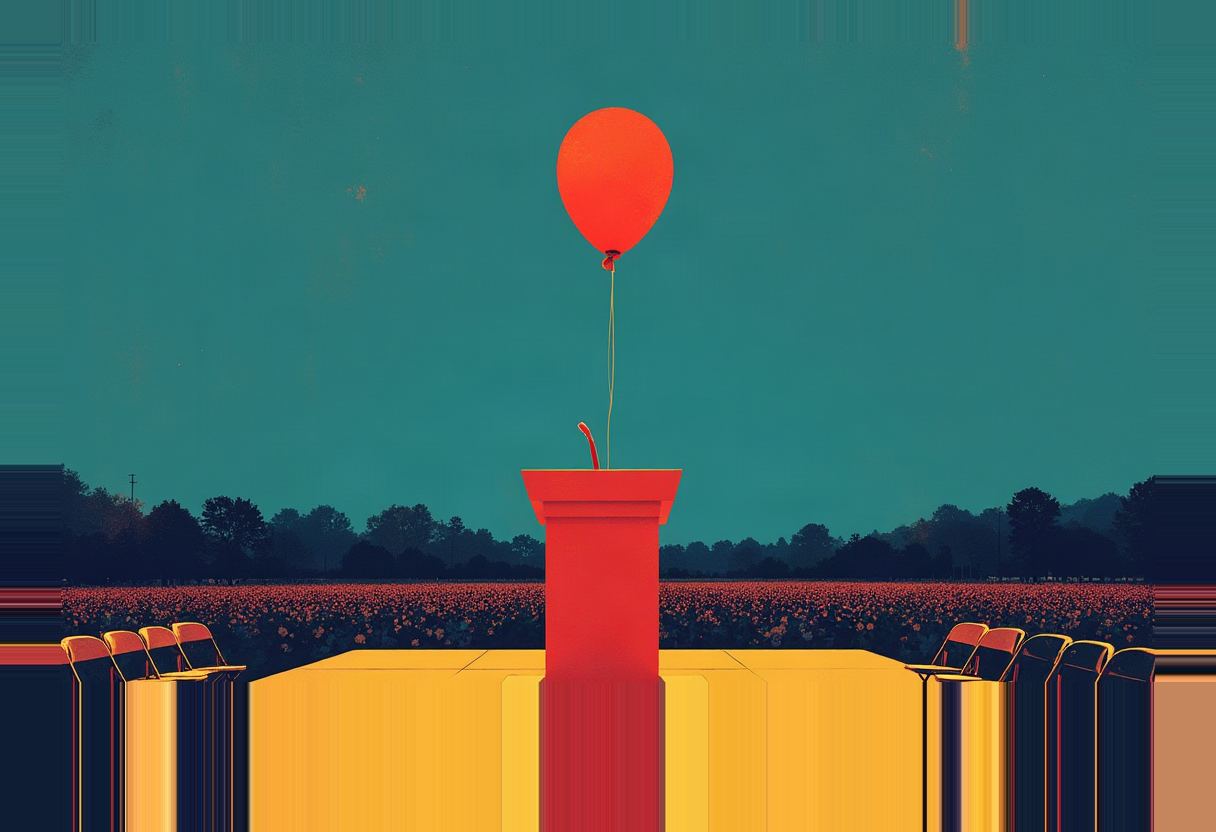 A single red balloon tied to an empty red podium on a yellow stage, flanked by rows of empty folding chairs, with a dark tree line and a field of red flowers behind it under a teal sky.