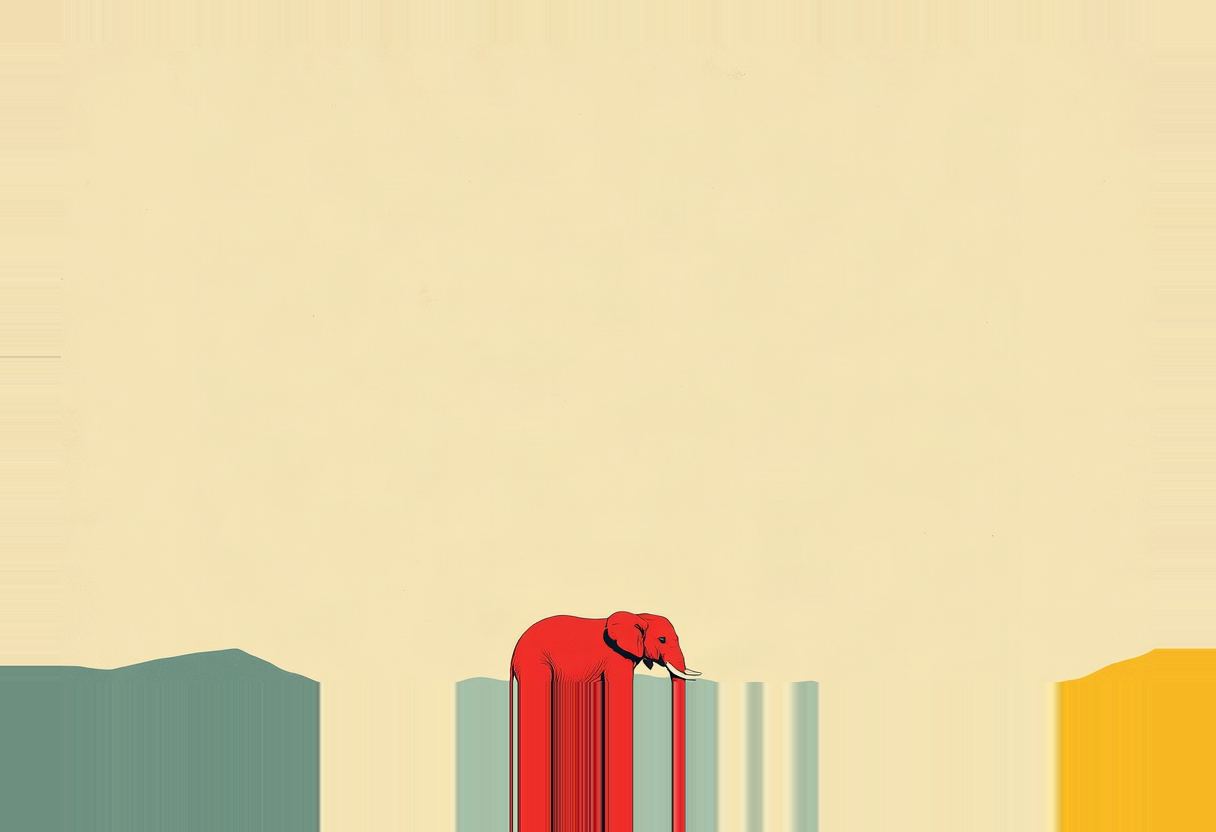 A red elephant with tusks sinks into a bar chart, its body dissolving into red vertical stripes over teal and yellow bars on a pale yellow background.