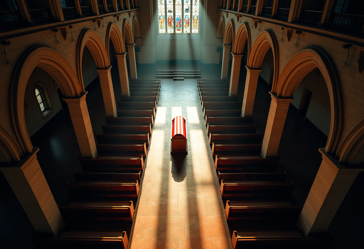 Empty pews in a stone cathedral, a single flag-draped casket at center, multiple colored shadows cast across the floor