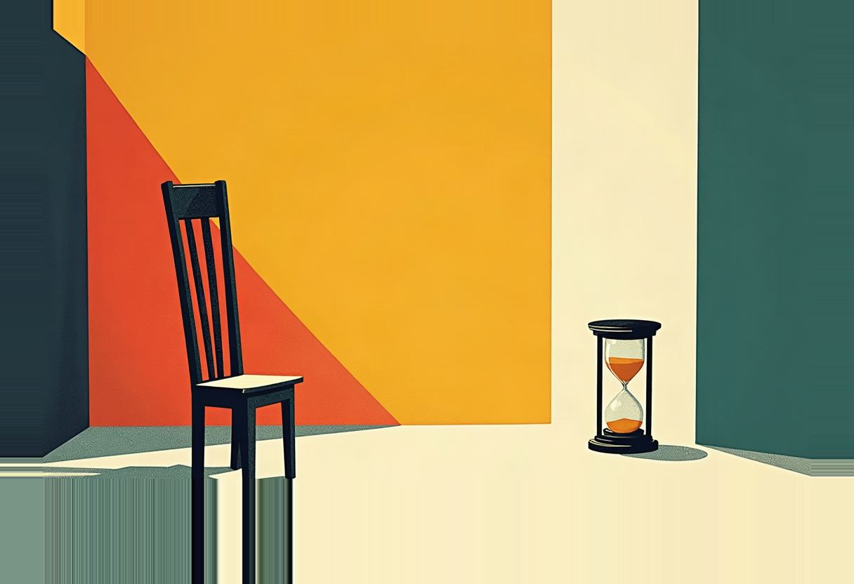 An empty black wooden chair and a sand-filled hourglass stand apart on a floor, against orange, yellow, cream, and dark green geometric wall panels.