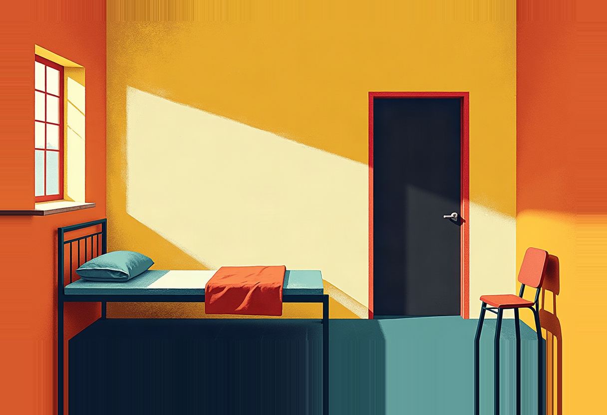 Empty metal bed with teal pillow and orange blanket beside a chair and closed dark door in a bare orange-and-yellow room lit by a barred window.