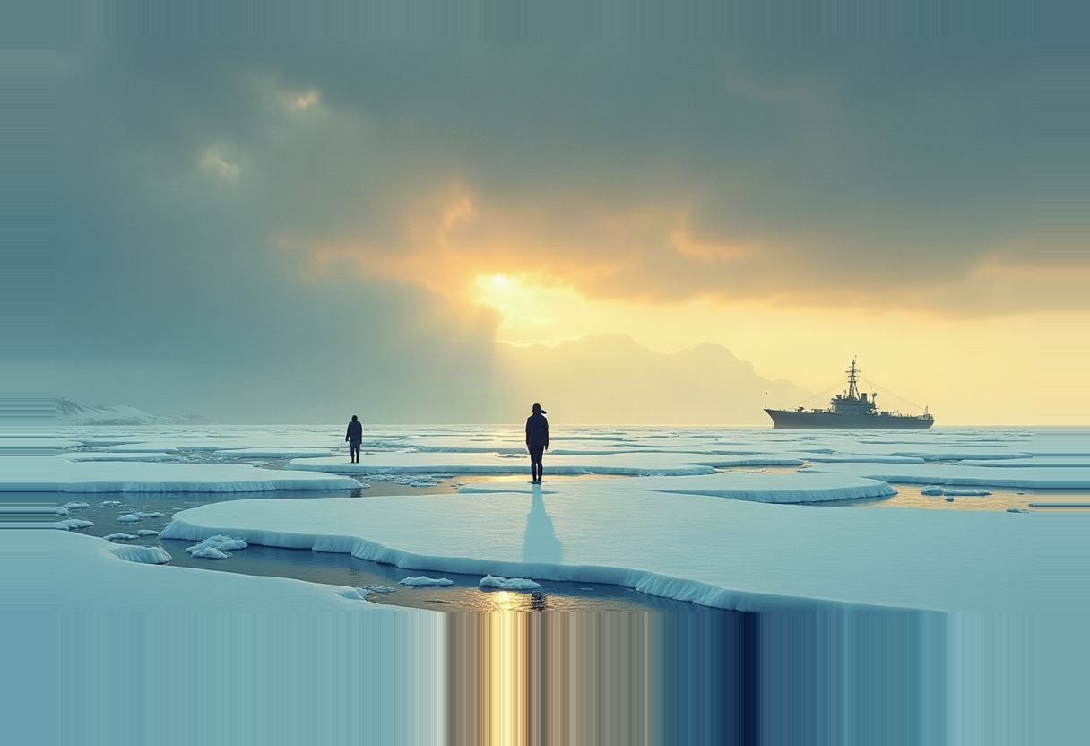 Two silhouetted figures stand on broken sea ice with a gray military ship offshore under a cloudy, glowing sunset sky.
