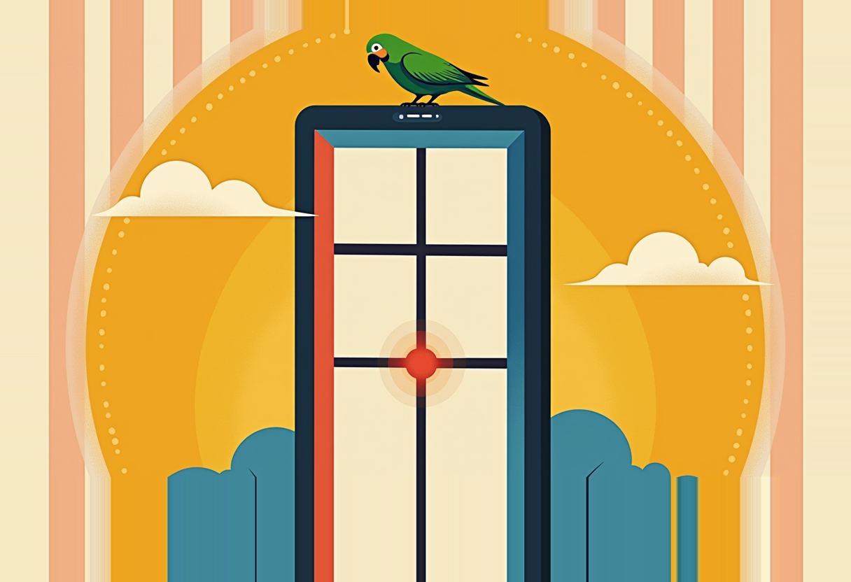 A green parrot perches atop a large smartphone shaped like a grid-lined window with a red dot at its center, against an orange sunburst and blue cloud shapes.