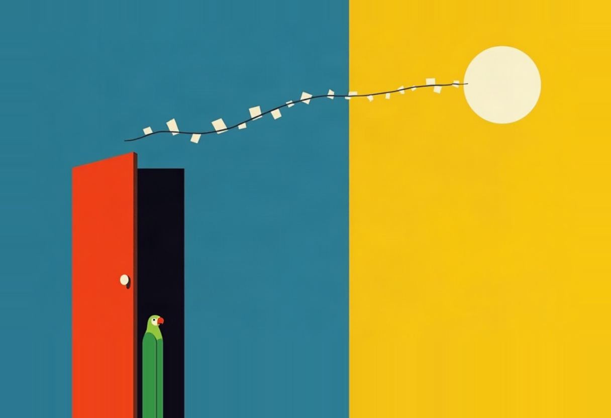 A green parrot stands in a dark doorway with an open orange door, facing a wavy line of small paper squares leading across a split teal-and-yellow background to a pale circular sun.