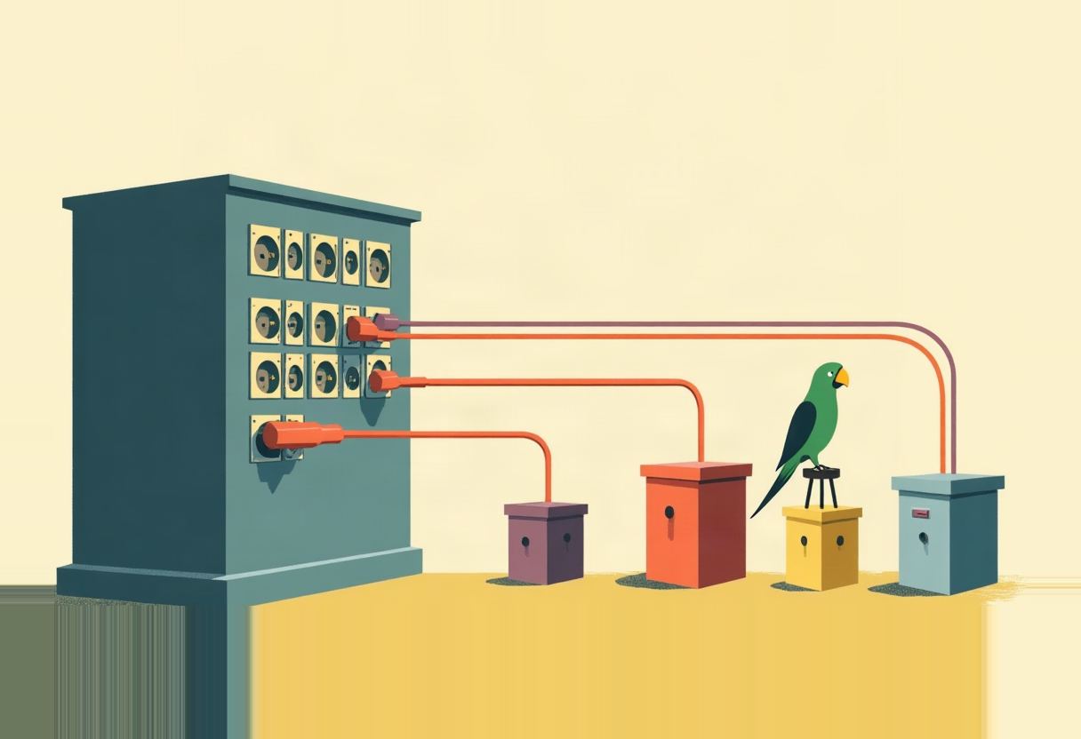 A teal switchboard with rows of outlets sends three cables to small boxes on the ground, with a green parrot perched on a stool beside the yellow box.