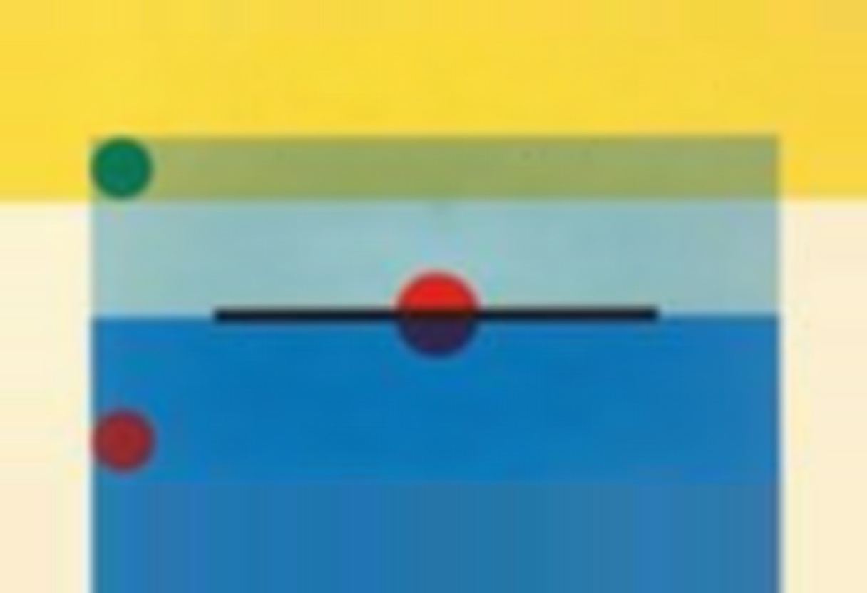 A pale blue rectangle divided by a thin black horizontal line sits against a yellow-and-cream background, with a red circle centered on the line and a small green circle and a smaller red circle on the left edge.