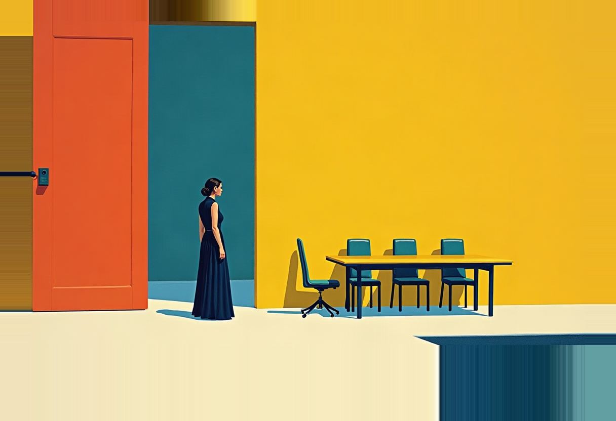 Illustration of a woman in a dark dress standing beside an open orange door, facing an empty table with four teal chairs against a yellow wall.