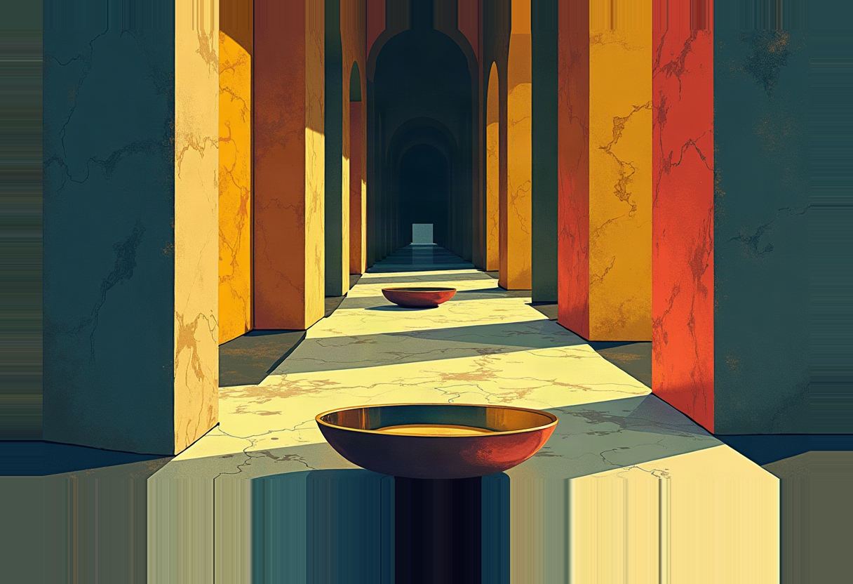 A marble colonnade in red, orange, and teal recedes toward a dark archway, with a large empty bronze bowl in the foreground and a smaller matching bowl further down the corridor.