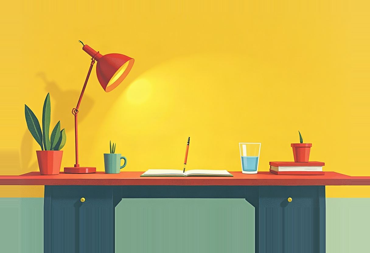 A red desk lamp, potted plants, a mug, an open notebook with a balanced pencil, a glass of water and stacked books sit on a red desk against a yellow wall.