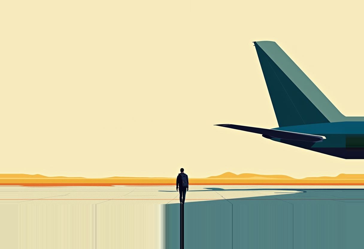 A lone silhouetted figure with a backpack walks across a tarmac beneath the tail and wing of a large jet, low hills and an orange horizon behind.