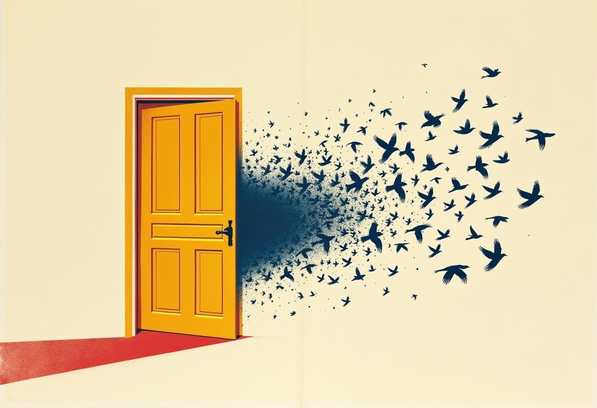 A golden-yellow door standing ajar on a plain cream ground, a red stripe of floor at its base, with a dense flock of dark navy birds streaming out through the opening and scattering away to the right.