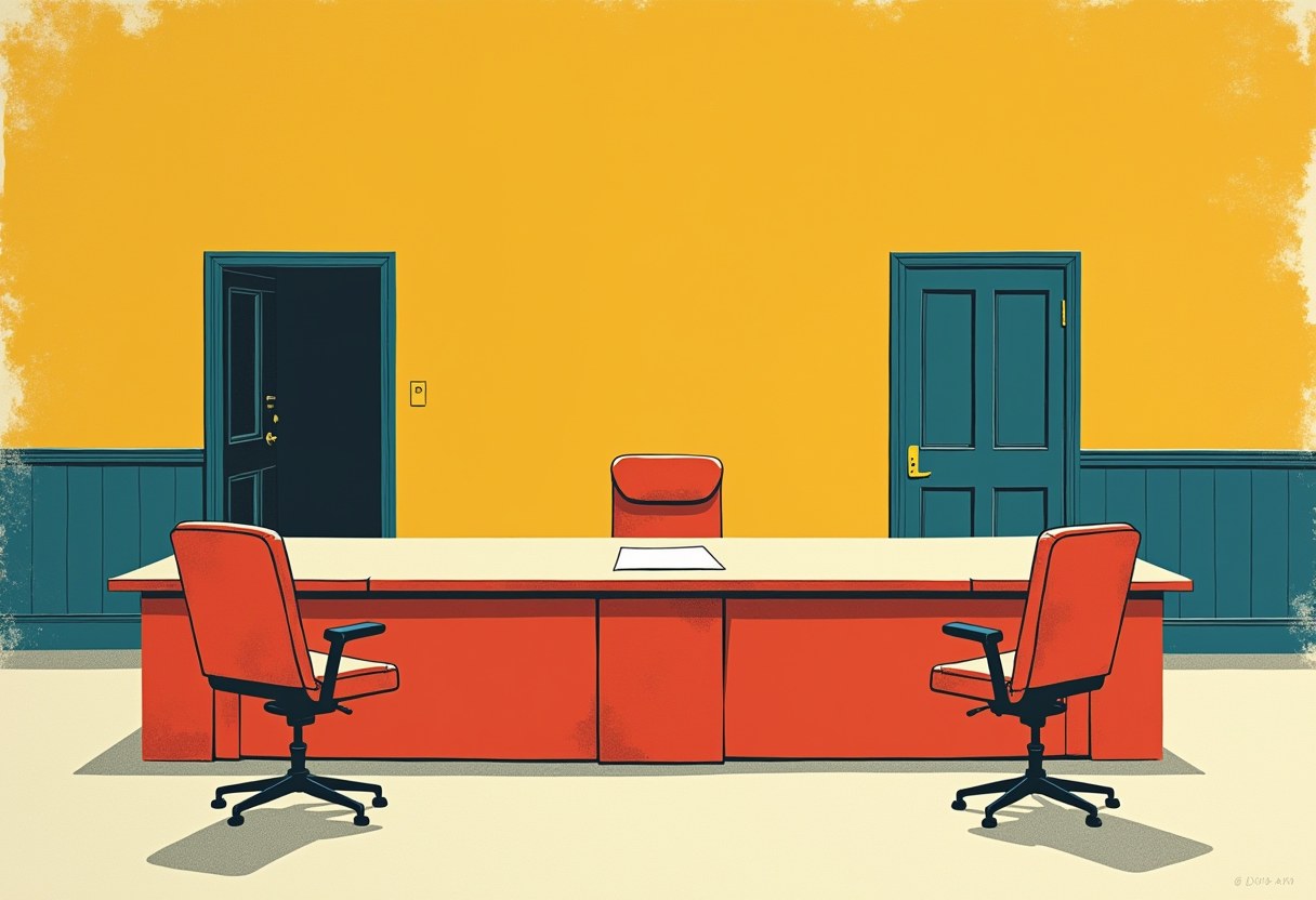 An empty chair facing a long table with a single unsigned document, two doors in the background one ajar