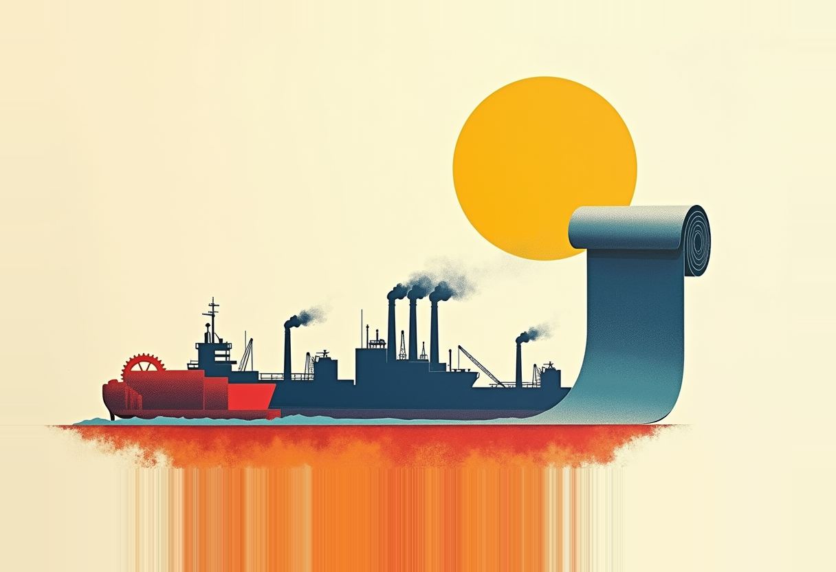 A dark cargo ship with smokestacks and a gear sails on a curling blue banner beside a large yellow sun, above an orange horizon on cream background.