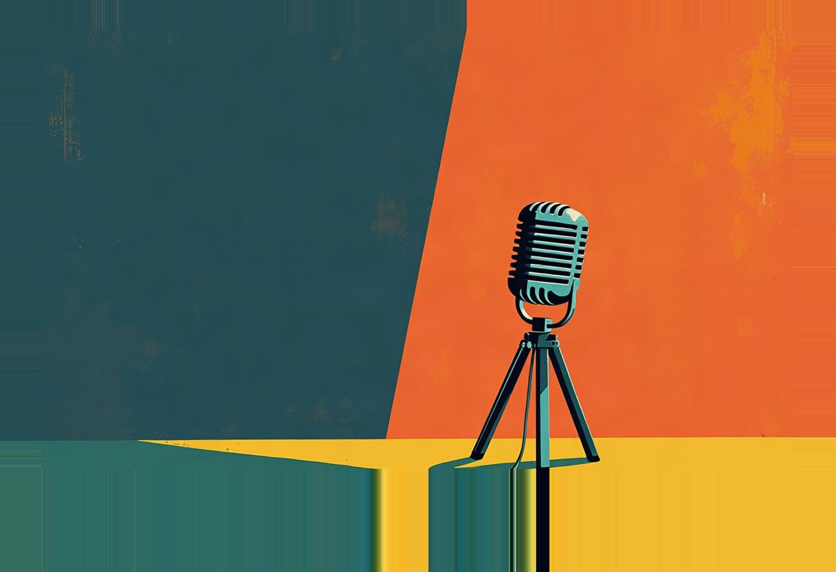 A vintage tripod microphone stands on a yellow floor against a background split diagonally into dark teal and orange, casting a long teal shadow.