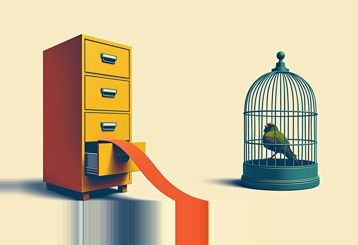 A yellow filing cabinet with an open bottom drawer connects via an orange ribbon to a dark teal birdcage holding a green bird, on a cream background.