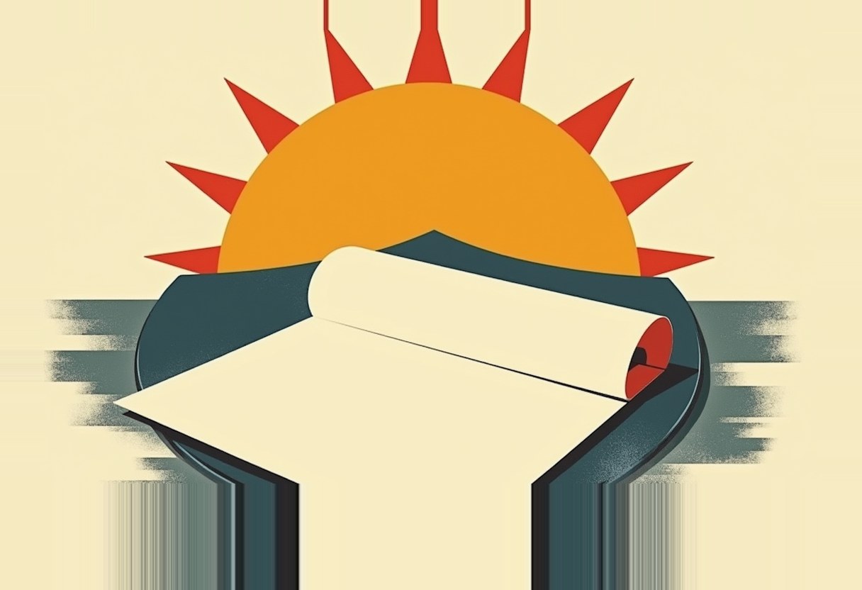 A pair of dark teal hands unrolls a cream scroll against a rising orange sun with red triangular rays on a cream background.