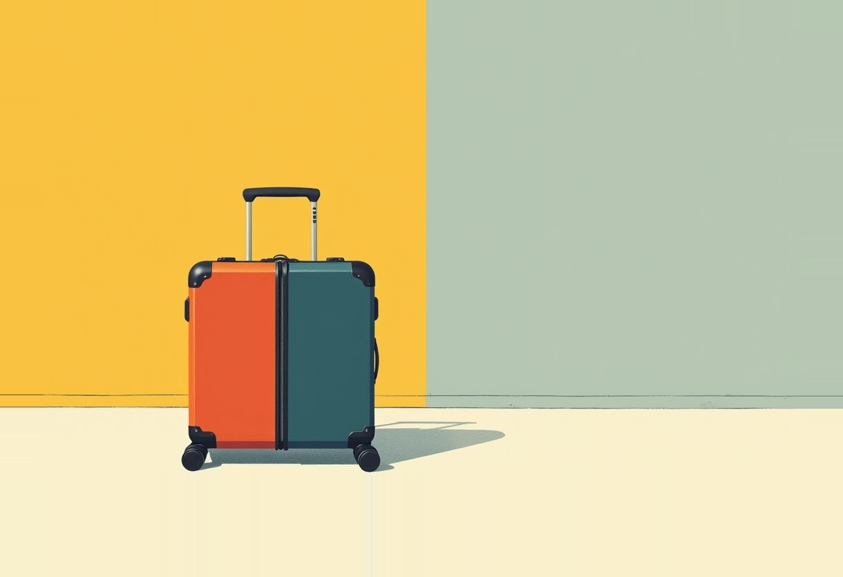 A rolling suitcase split orange on the left and teal on the right stands against a two-tone yellow and sage green wall.