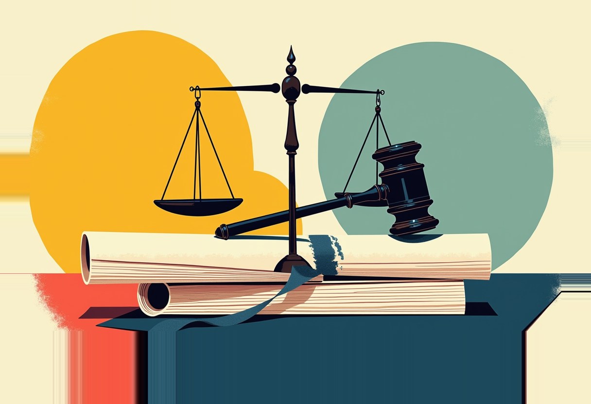 A justice scale and gavel rest atop two rolled scrolls on a dark blue surface, with orange and teal circles behind them on a cream background.