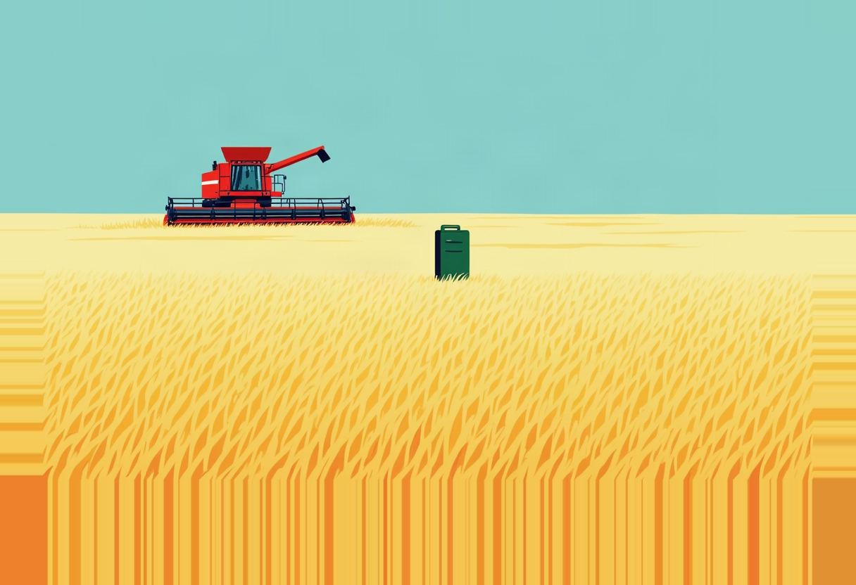 Flat illustration of a red combine harvester in a golden wheat field with a teal sky, a dark green fuel can standing upright among the stalks, and vertical bar-code-like striping across the lower field.
