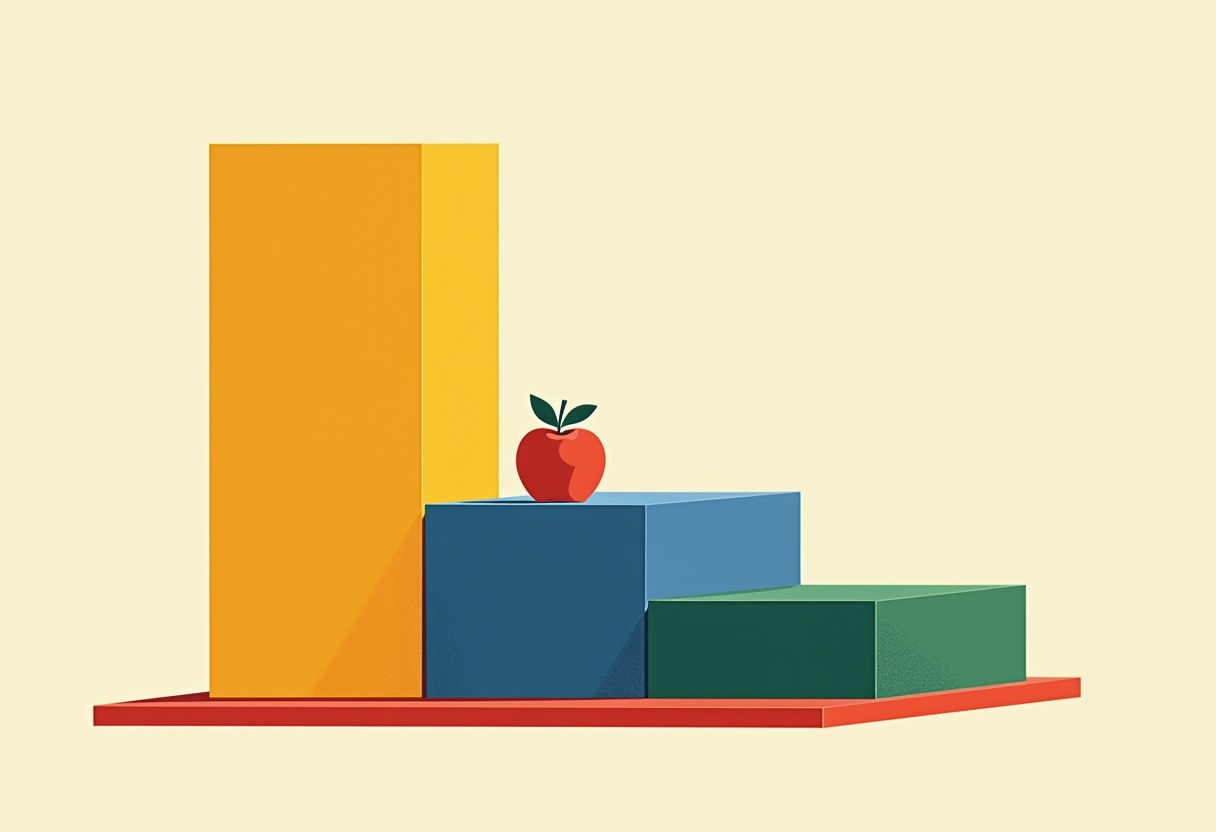 Three descending blocks in orange, blue, and green sit on a red platform, with a red apple resting on the middle block, against a pale yellow background.