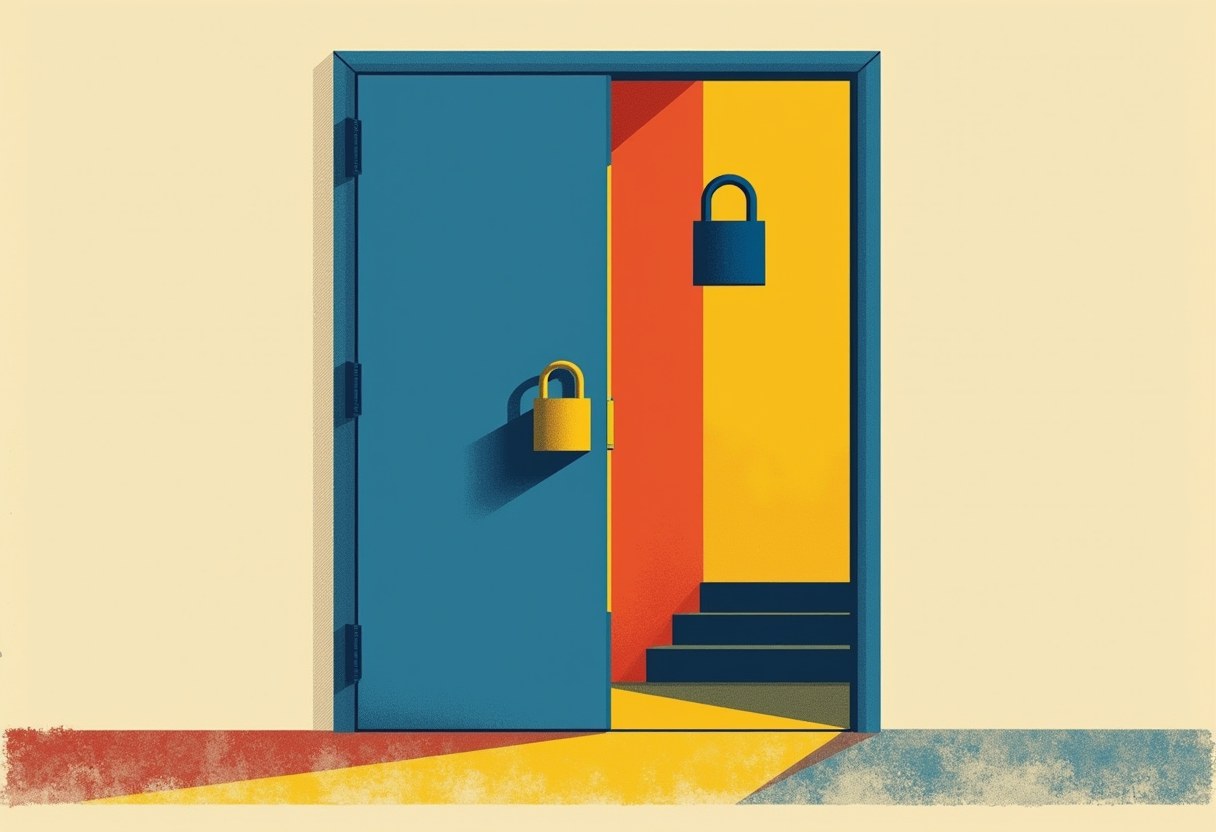A blue door stands ajar with a yellow padlock on it and a second navy padlock floating on the orange-and-yellow wall behind, above steps, on a cream background.