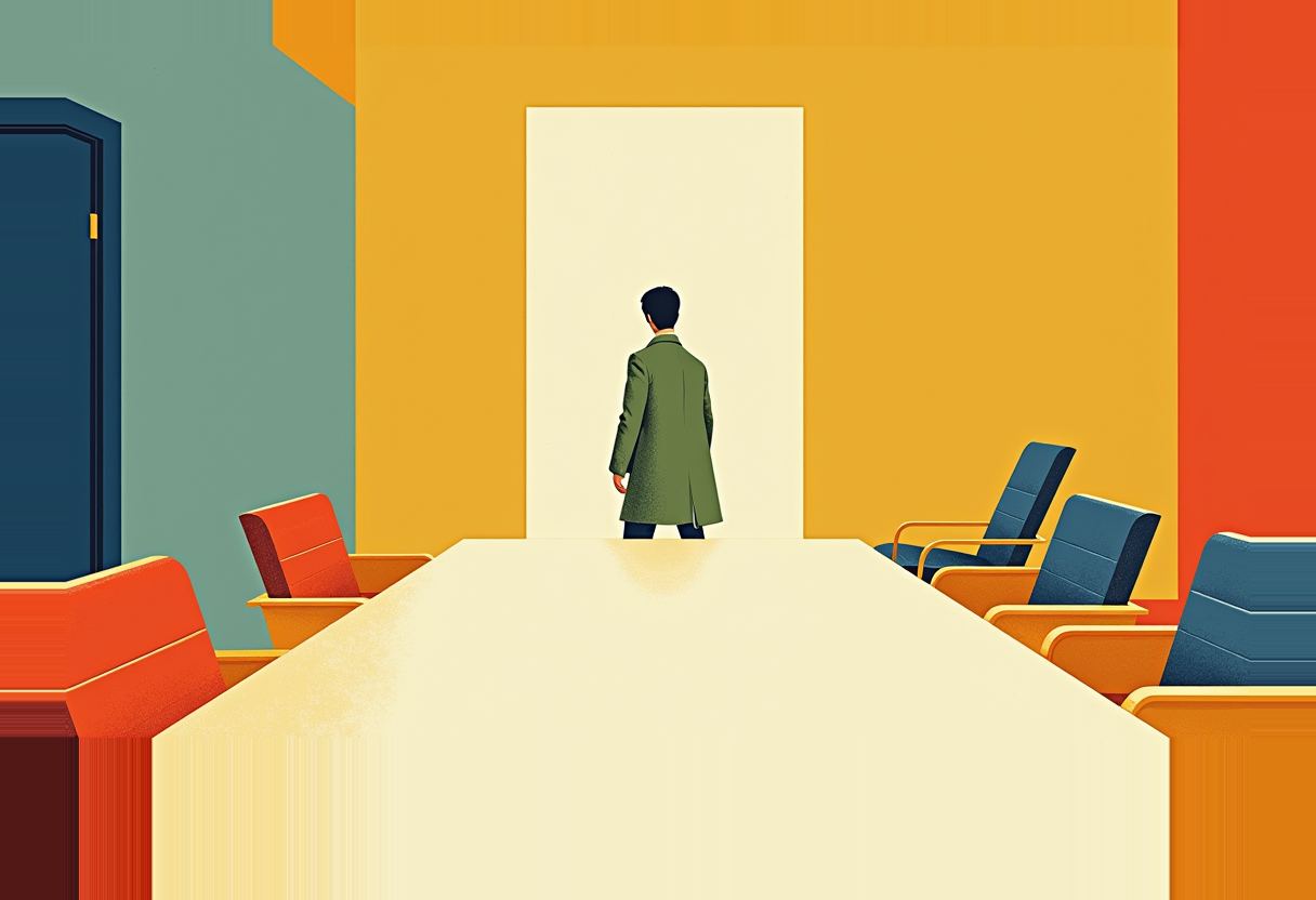 A figure in a green coat stands with their back turned in a doorway at the end of a long empty conference table lined with empty orange and blue chairs.