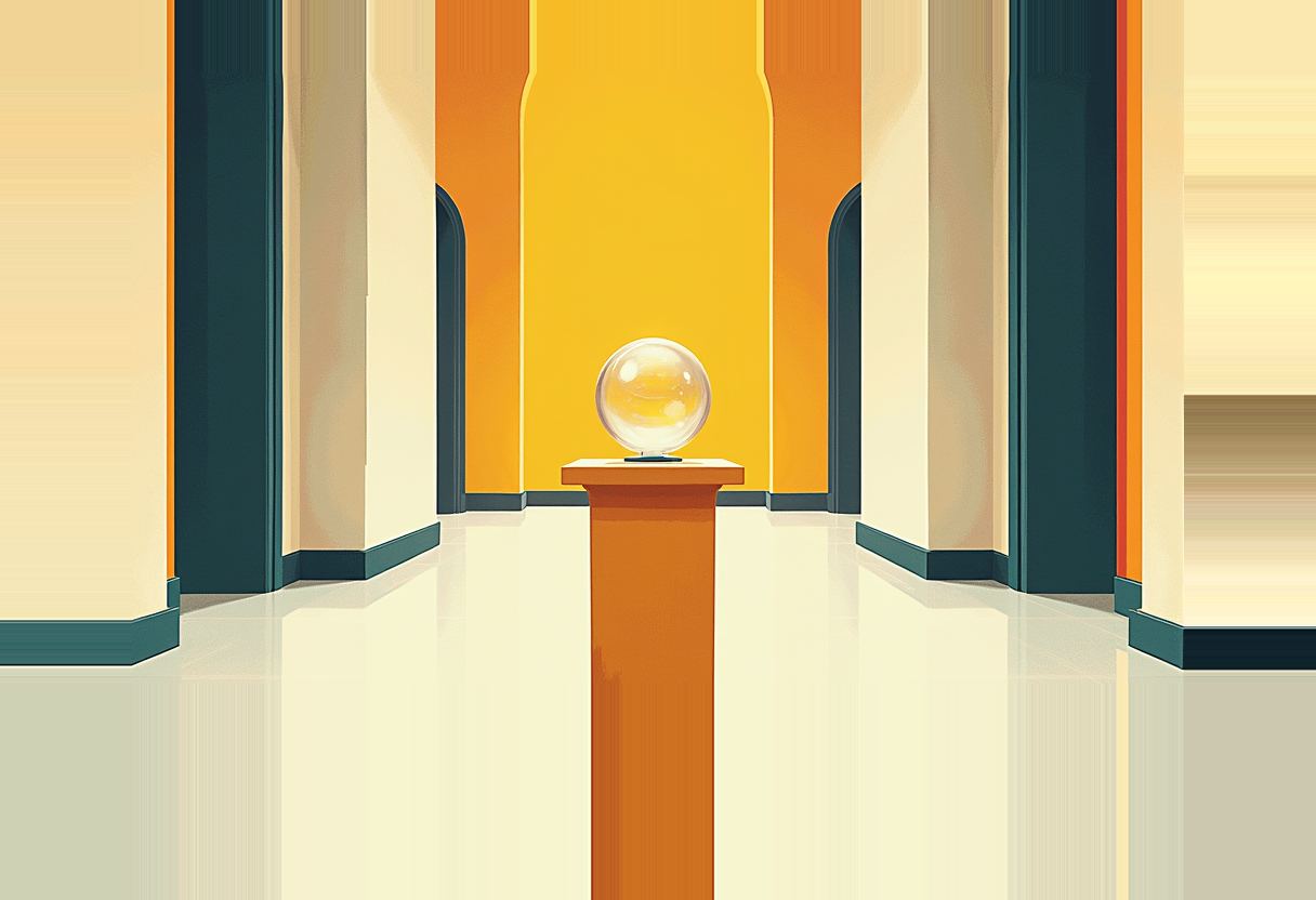 A clear glass sphere sits atop an orange pedestal in a symmetrical cream-and-teal corridor with arched doorways and a yellow-orange far wall.