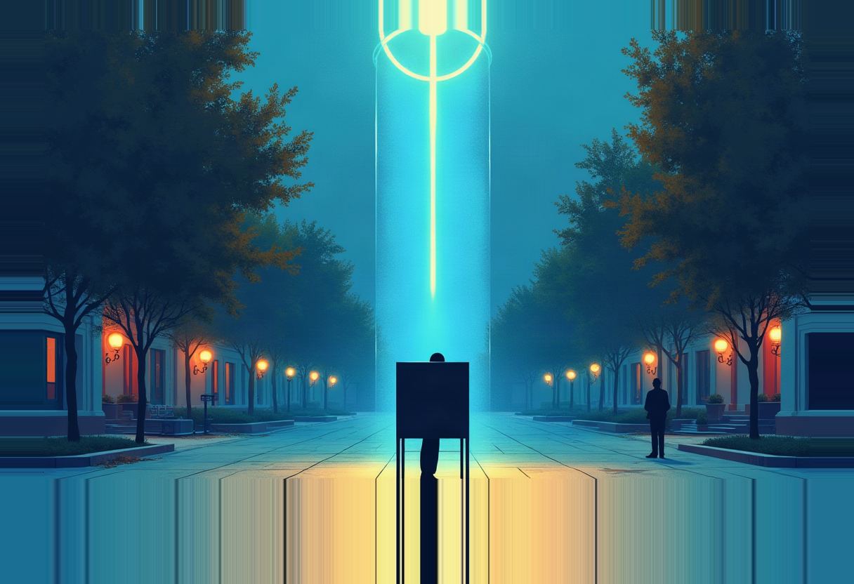A silhouetted figure stands at a tall dark voting booth on a tree-lined plaza, lit by a vertical cyan beam from above, with a second figure and glowing lamps in the background.