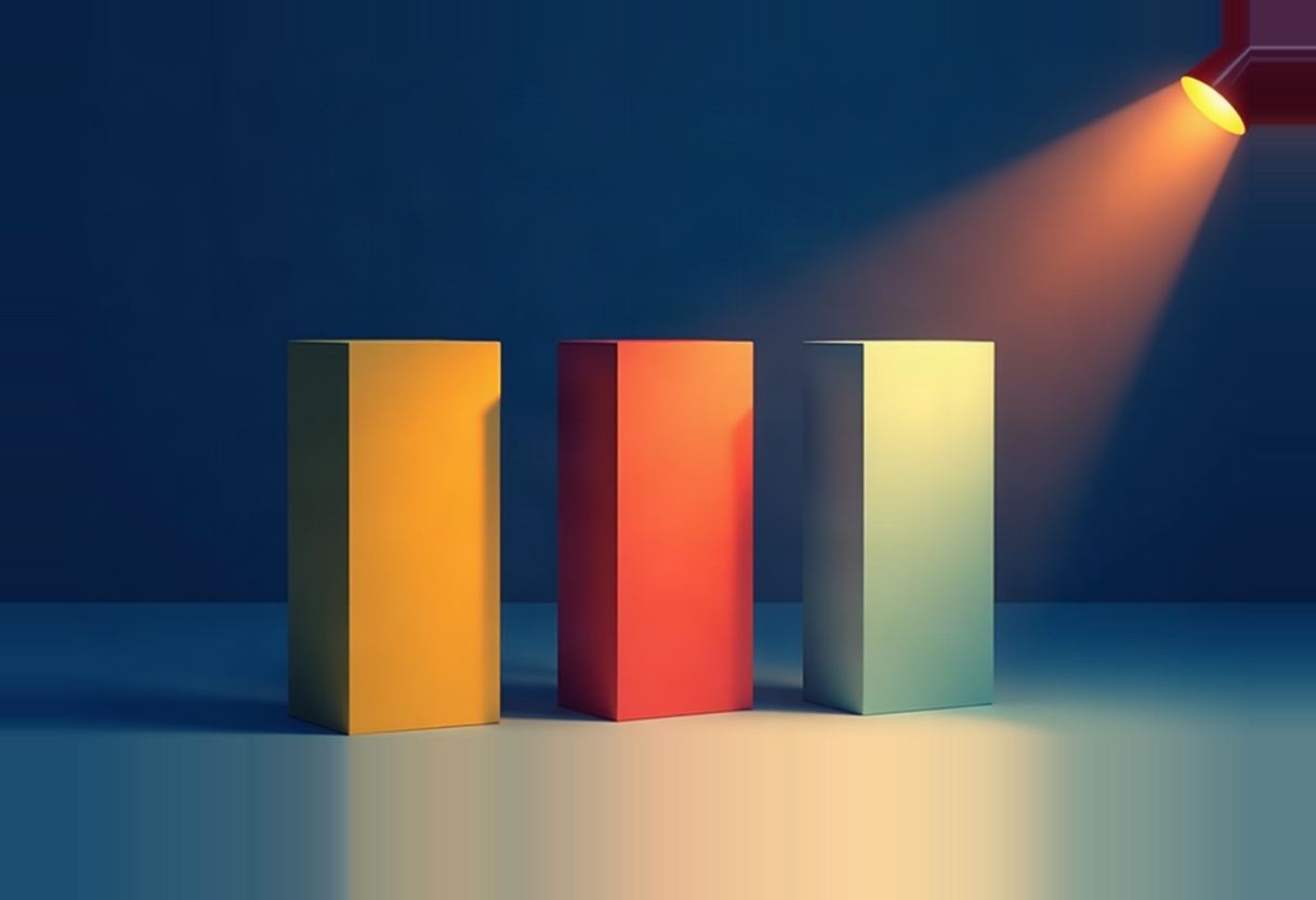 Three rectangular blocks in yellow, red, and pale green stand side by side under a spotlight against a dark blue background.