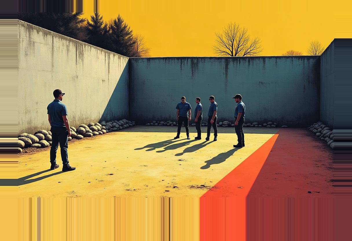 Five men in dark polo shirts and caps stand in a walled courtyard against a yellow sky, one figure apart on the left, piled stones along the walls, the ground shifting from yellow to orange and red.