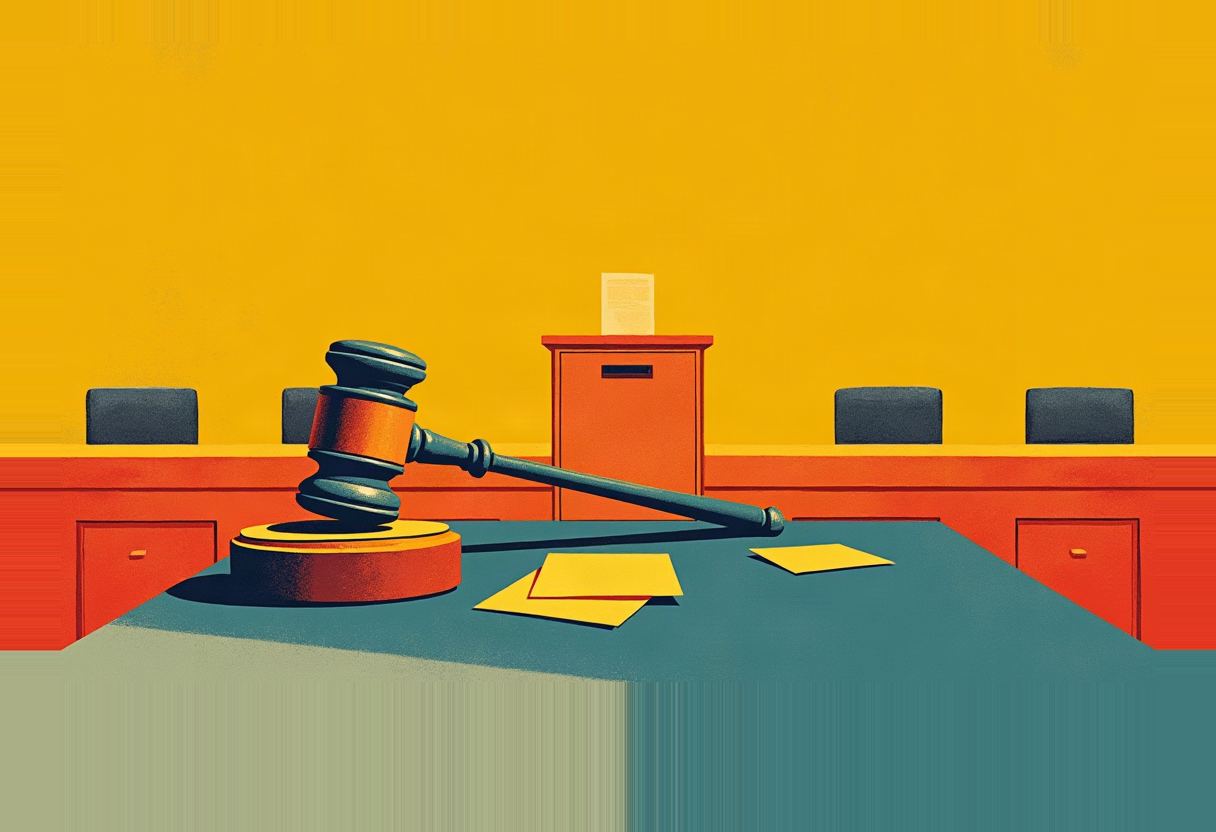 A large gavel rests tipped on its side atop a teal desk with loose papers and an orange ballot-box-like stand, against a solid yellow background.